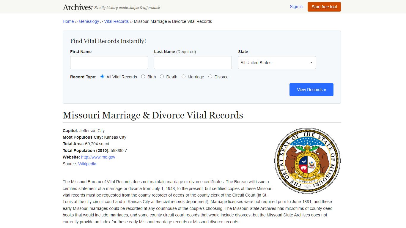 Missouri Marriage & Divorce Vital Records - Archives.com