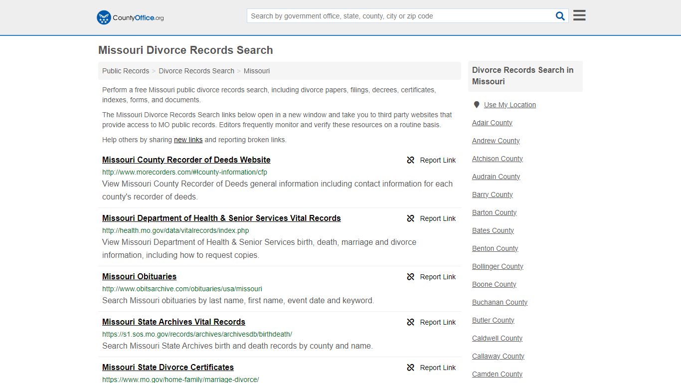 Missouri Divorce Records Search - County Office